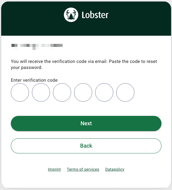 Input field for verification code to reset password on Lobster platform.